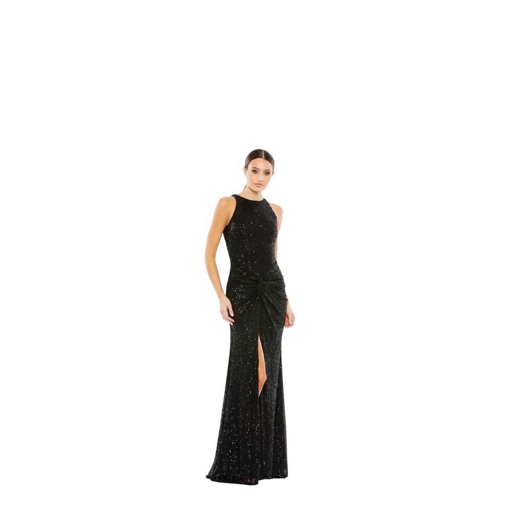NWT Ieena Mac Duggal High Neck Sequined Side Knot Slit Sleeveless Evening Dress